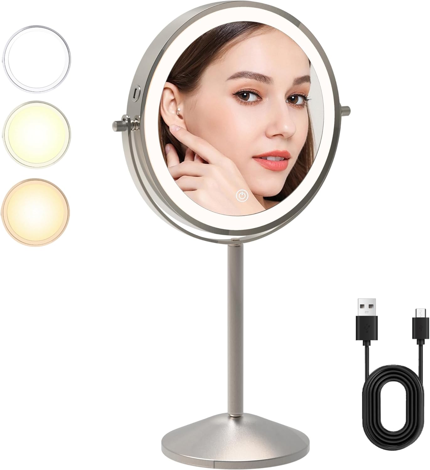 Rechargeable LED Vanity Mirror with 1x/10x Magnification - 3 Colors, Lights, and Magnified Reflection for Makeup Mirror(710N10X)