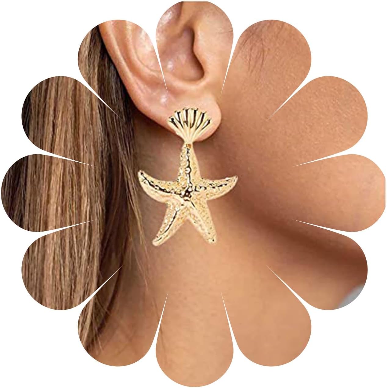 Allereyae Vintage Starfish Dangle Earrings Starfish Drop Earrings Gold Metal Seashell Stud Earrings Hammered Starfish Earrings Jewelry for Women and Girls