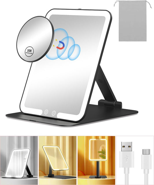 Gospire Rechargeable Travel Makeup Mirror with Lights and Magnification 10X, Foldable Stand & Angle Sensor Light, 3 Light Colors & Stepless Dimming, Lighted Mirror LED Vanity Mirror - Black