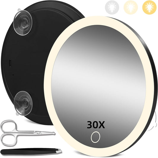 30X Magnifying Mirror with Light, 30x Magnifying Mirror with 3 Suction Cups, 3 Color Dimmable Lighted Makeup Magnifying Mirror, 6'' Travel Magnifying Mirror, 30x Magnification with Tweezers & Scissors