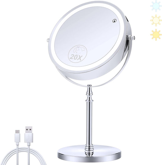 Lighted Makeup Mirror, 20X Magnifying Mirror with Light, Double Sided Makeup Mirror with 20X/1X Magnification, 360°Rotation, 3 Colors Brightness Adjustable Vanity Mirror with 42 LEDs, 2000mAh