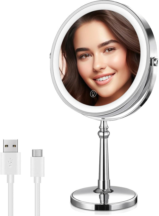 9" Large Lighted Makeup Mirror, 1X/10X Magnifying Mirror with Lights, 360 Rotate Touch Screen Vanity Mirror with Lights, Light up Mirror with 3 Color Lights, Brightness Adjustable