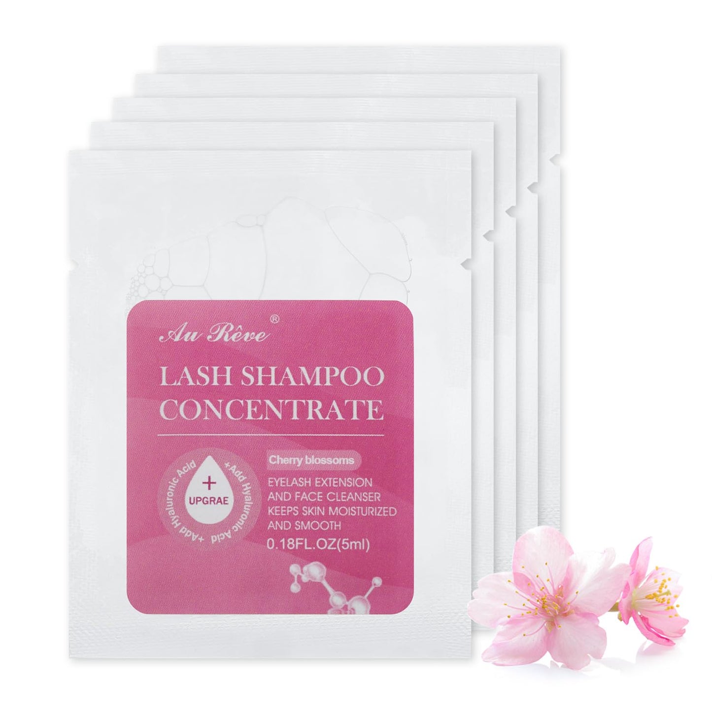 Lash Shampoo Concentrate 5ml*5 Lash Cleanser for Extensions Update Prolong Lash Concentrate Non-irritation Eyelash Shampoo for Salon- Home Eyelash Cleaning Care, Cherry Blossoms
