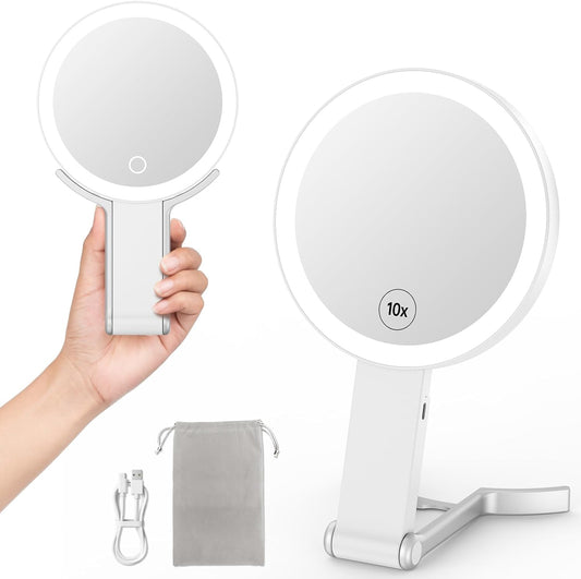 Portable Magnifying Mirror with Light, 2-Sided Travel Makeup Mirror with 1X/10X Magnification 3 in 1 Hand Held Desk and Hanging Lighted Mirror 3 Light Colors & Light Dimming for Home & Travel