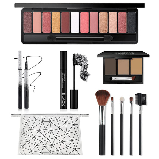 All in One Makeup Kit, Includes 12 Colors Eyeshadow Palette, Lash Mascara, Liquid Eyeliner, Eyebrow Powder, 5 Pcs Makeup Brush Set and Cosmetic Bag, Makeup Gift Set for Women & Teens