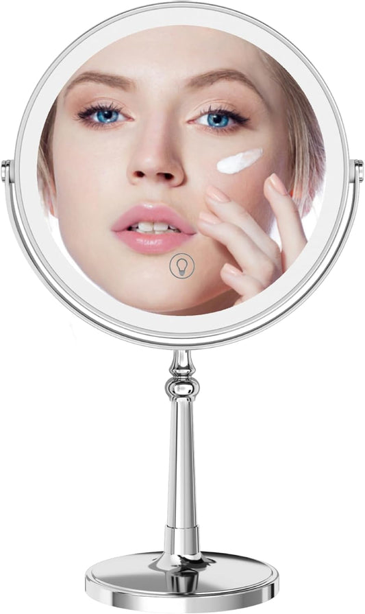 9" Large Make up Vanity Mirror with Lights Chrome Two Way Mirror 1x/10x Magnifying Mirror with Light and Stand 4000mAh Rechargeable Led Makeup Mirror for Desk Dresser Table