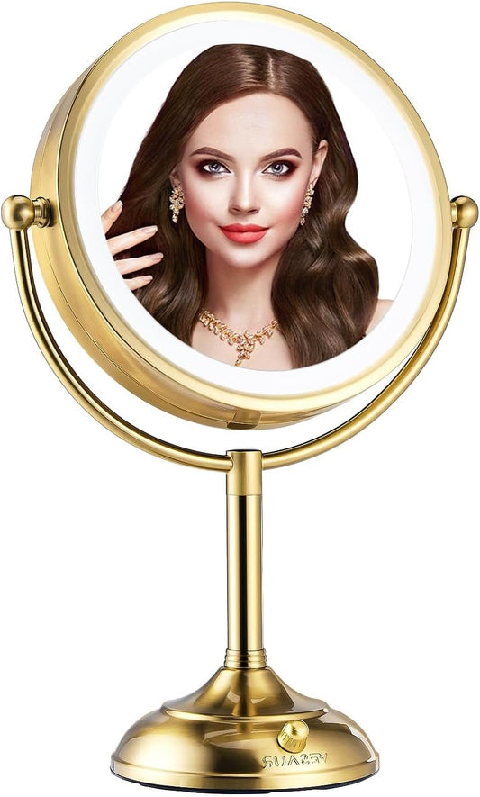 VESAUR Upgrade 8.5" Lighted Makeup Mirror, 1X/10X HD Undistorted Magnifying Makeup Mirror with Lights, 3 Colors Lights Brightness Adjustable, 360°Rotation Vanity Mirror, Dual Power Supply, Gift（Gold）