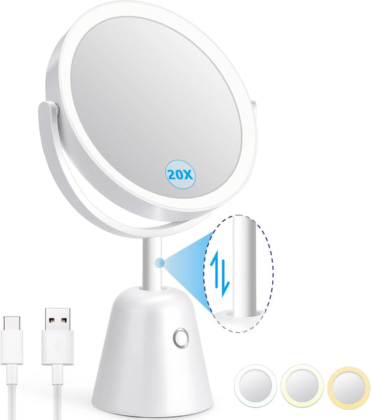New 20X Magnifying Mirror with Light, Light Up Mirror with 74 Premium LED Beads, Dimmable, Rechargeable Vanity Mirror with Lights,8.5" Lighted Makeup Mirror with Magnification, 3 Light Colors