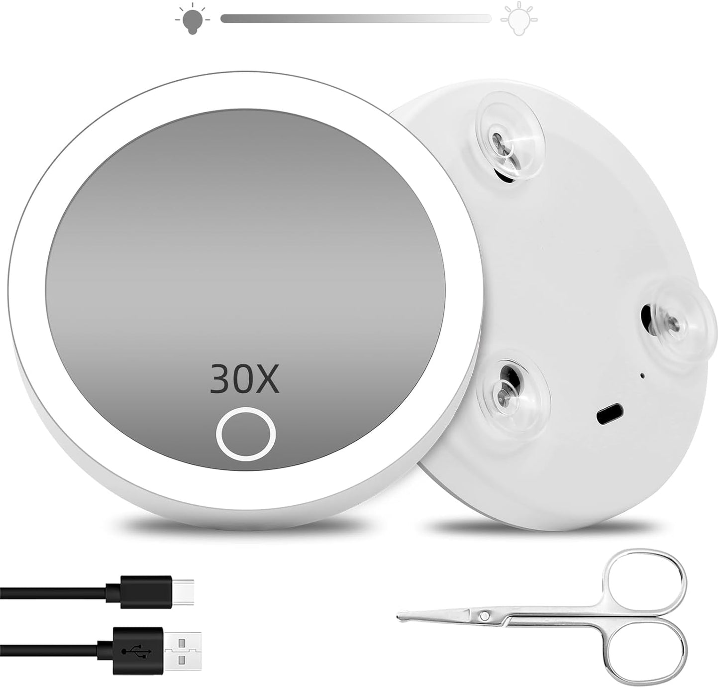 30x Magnifying Mirror with Light, 4inch Lighted 30x Magnified Mirror with 3 Suction Cups, Travel Magnifying Mirror 30x with Light, High Magnification Compact Makeup Mirror with Scissors Sets