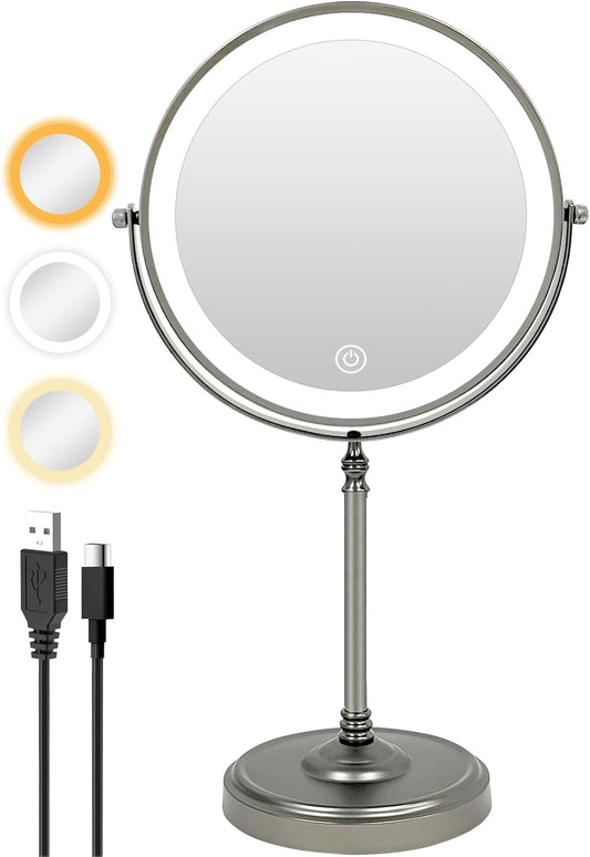 9" Large Lighted Makeup Mirror - 5000mAh Rechargeable Magnifying Vanity Mirror with 3 Colors Dimmable Lights, 1x/10x Double Sided Magnification Light Stand Up Desk Mirror, Gunmetal Gray