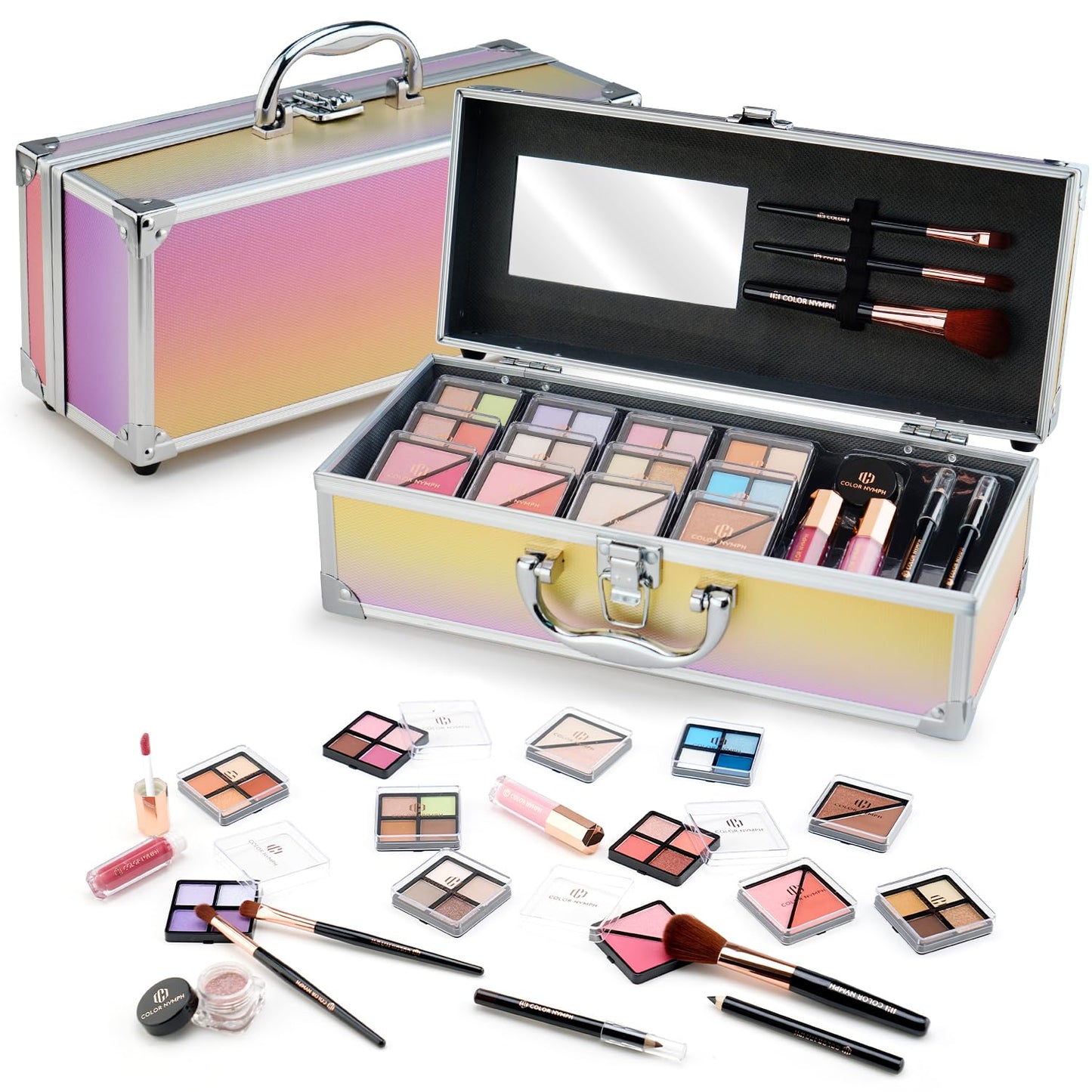 Makeup Kit For Teens With Train Case Portable Beginner Makeup Gift Sets Included 32 Colors Eyeshadow, Glitter Cream, Blush, Highlighter, Lip Gloss and Brush (Pink)