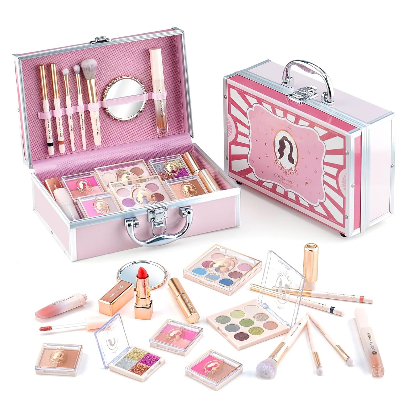 Girls Makeup Kits For Teens With Pink Retro Train Case Included Portable Matte Shimmer Glitter Eyeshadow Palettes,Lipstick,Lip Oils,Blushes,Highlighter,Brushes,Mirror