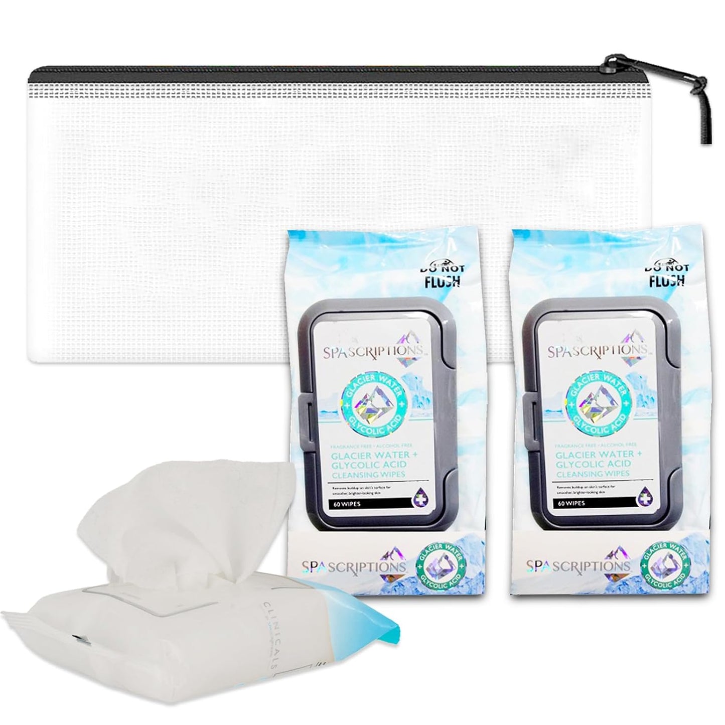 Glycolic Acid Makeup Remover Wipes Set - 2 Packs of 60 Wipes for Beauty Care Plus a Mini Travel Bag | Makeup Removing Cleaning Wipes with Glycolic Acid and Glacier Water
