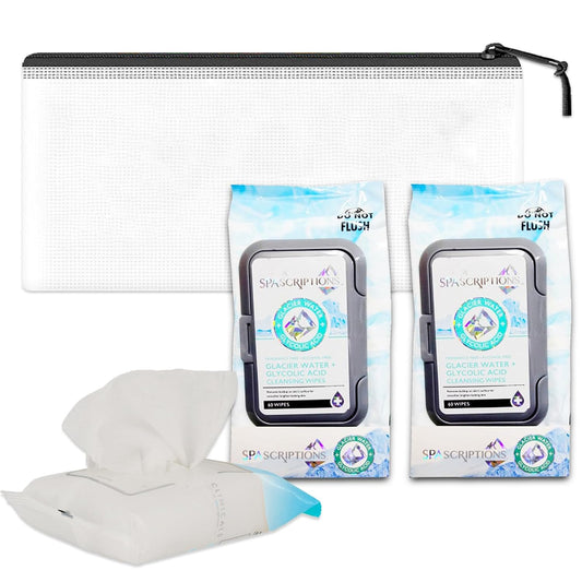 Glycolic Acid Makeup Remover Wipes Set - 2 Packs of 60 Wipes for Beauty Care Plus a Mini Travel Bag | Makeup Removing Cleaning Wipes with Glycolic Acid and Glacier Water
