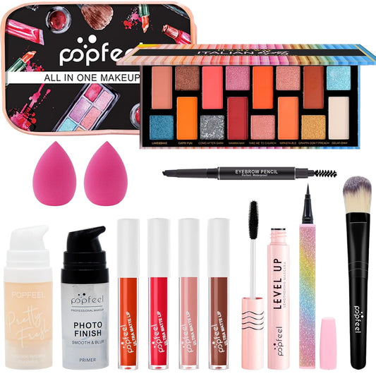 Professional Makeup Kit Set,All in One Makeup Kit with 16 Colors Eyeshadow Palette,Liquid Foundation & Smooth Primer,4 Pcs Lipstick,Eyeshadow Pencil,Mascara,Face Blush for Teens Teenager