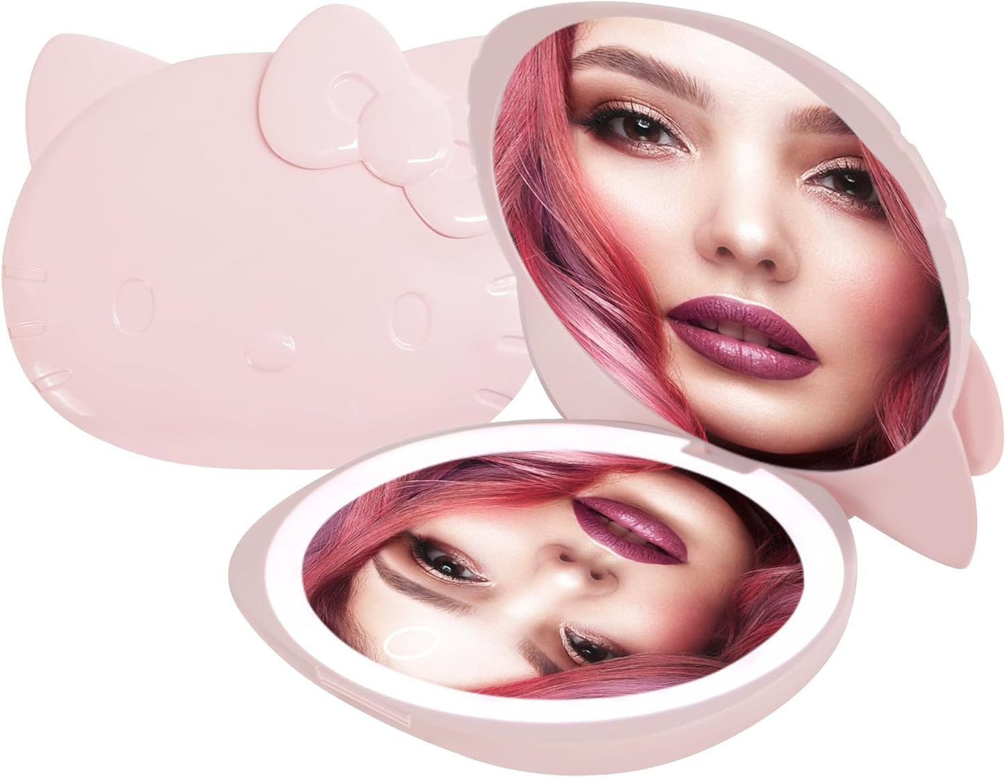 Impressions Vanity Hello Kitty Kawaii Compact Mirror with Touch Sensor Switch for Adjustable Brightness, Lighted Makeup Mirror with LED Lights and 2X Magnifying Mirror (Matte Pink)