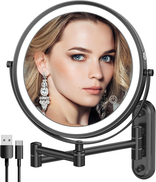 Rechargeable Lighted Wall Mounted Makeup Mirror with 3 Color Lights,Dimmable Touch Screen,8 Inch LED Double Sided 1X/10X Magnifying 360°Flexible 13 Inch Retractable