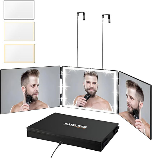 Rechargeable 3 Way Mirror with 3 Colors Light, Adjustable Trifold Mirror & Telescoping Hooks for Self Hair Cutting & Styling - Portable DIY Haircut Tool to Cut, Trim or Shave Your Head & Neckline