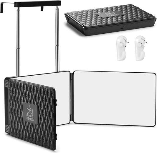 3 Way Mirror,360 Trifold Mirror for Makeup,Shaving,Hair Cutting,Hair Styling,Height Adjustable Telescopic Hooks,Portable for Travel,Doors and Windows can be Hung,Gift for Men Women
