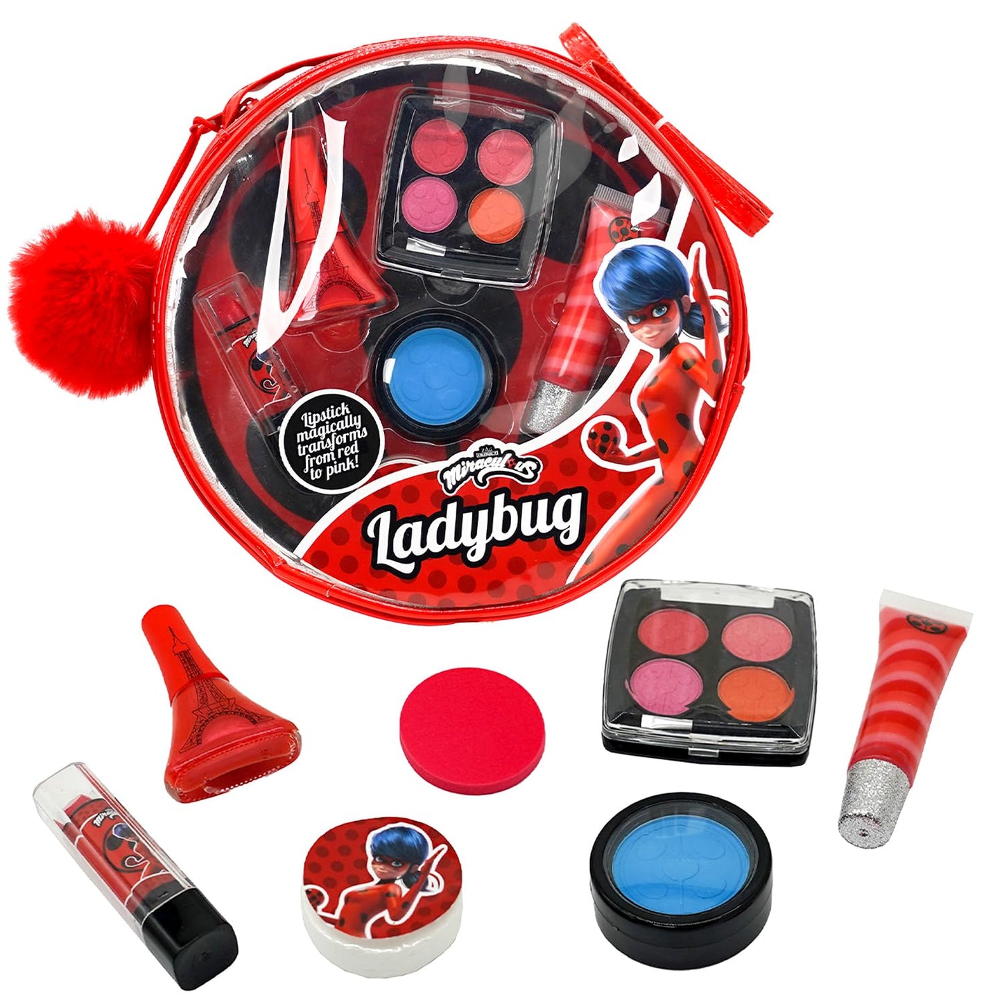 Miraculous Ladybug, 10-in-1 Kids Makeup Set with Nail Polish, Lipstick, Pressed Powder Palette, Lip Gloss, Hair Chalk, Make-up Sponge, Compressed Towel, Sticker and Pom-pom (Wyncor)