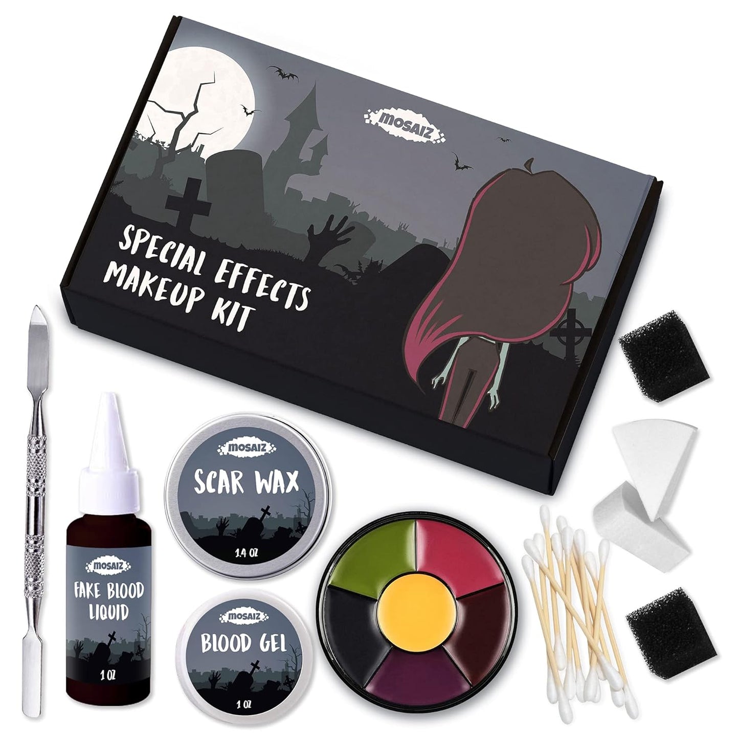 Mosaiz SFX Makeup Kit, Special Effects Makeup Kit with Fake Blood and Scar Wax, Makeup Sponges and Skin Spatula, Zombie Makeup Kit