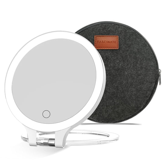 FASCINATE Magnifying Mirror 10X 1X Double Sided Magnification Makeup Vanity Mirror Rechargeable Lighted Mirror with 3 Color Lighting Modes Adjustable Rotation LED Vanity Mirror (White+Dark Gray Felt)