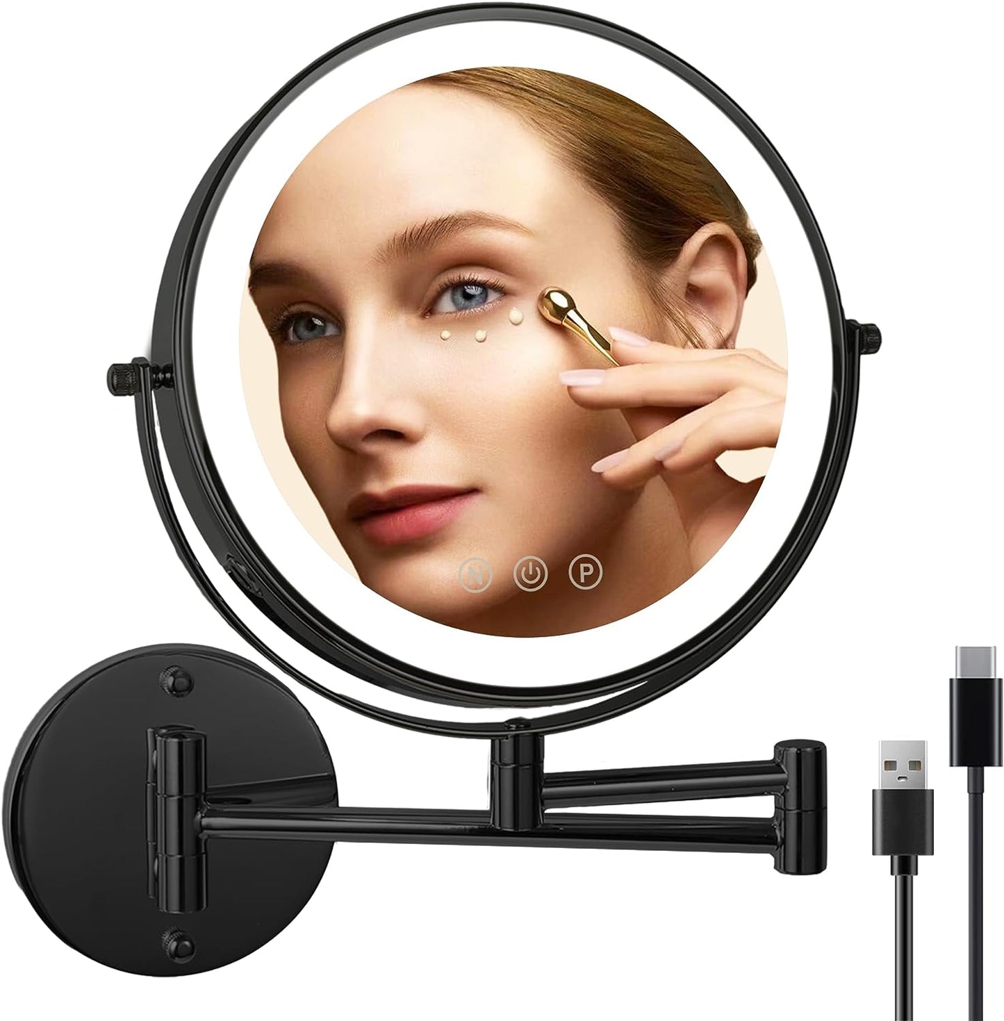 9" Wall Mounted Lighted Makeup Mirror with Magnification, 1X/10X Magnifying Vanity Mirror with 3 Colors Dimmable Lightning, 2000mAh Rechargeable Double Sided Mirror Black Extendable