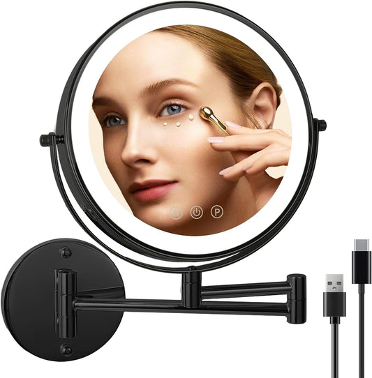 9" Wall Mounted Lighted Makeup Mirror with Magnification, 1X/10X Magnifying Vanity Mirror with 3 Colors Dimmable Lightning, 2000mAh Rechargeable Double Sided Mirror Black Extendable