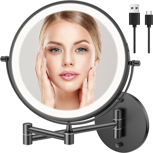 Rechargeable Wall Mounted Makeup Mirror with lights,FUNTOUCH 8 Inch Lighted 1X10X Magnifying Wall Mirror for Bathroom,Wall Mount Mirror with Extended Arm,3Color Lighting,Touch Screen Dimming360 Swivel
