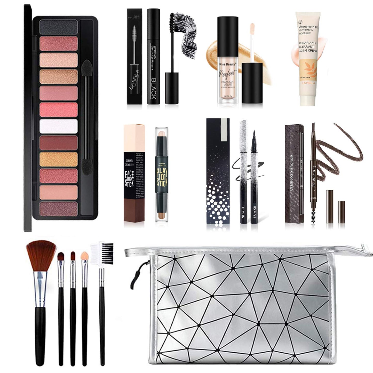 All in One Makeup Kit, includes 12 Colors Eyeshadow Palette, 5PCS Brush Set, Eyebrow Pencil, Eyeliner & Mascara, Contour Stick, Makeup Primer and Liquid Highlighter With Cosmetic Bag Makeup Set