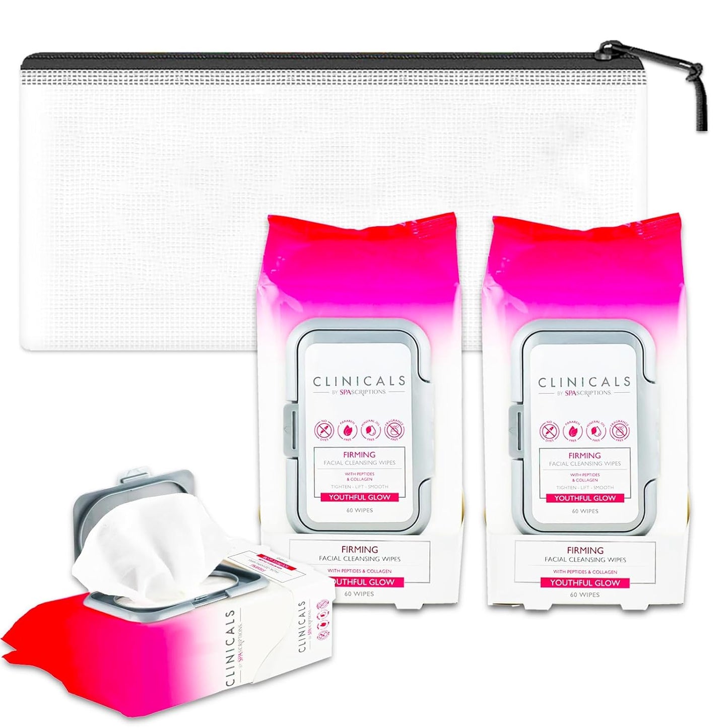 Makeup Skin Firming Wipes Set - 2 Packs of 60 Wipes for Beauty Care Plus A Mini Travel Bag | Makeup Removing Cleaning Wipes with Collagen