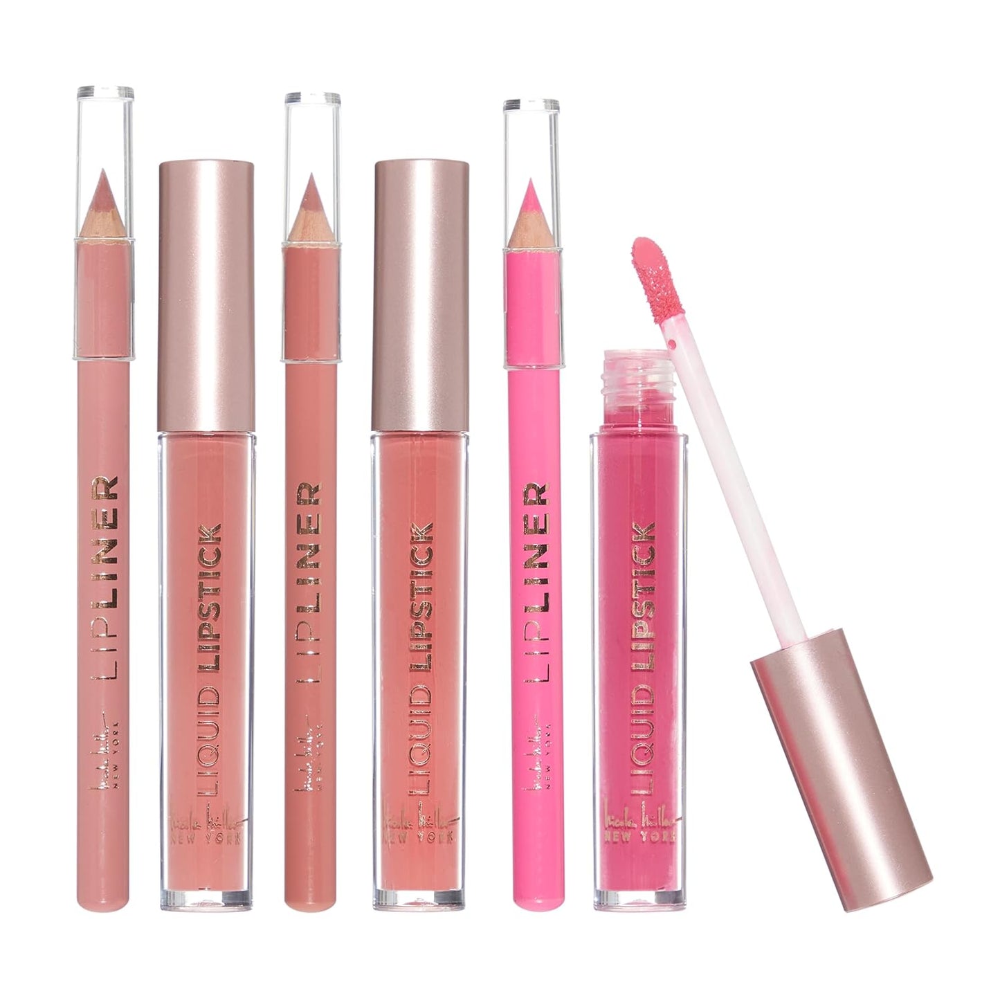 Nicole Miller Rosy Nudes Lip Collection | 6 Piece Set | 3 Luxurious Lip Liners & 3 Liquid Lip Sticks in Light Rose, Rosy Mauve, and Deep Peach | Vegan and Cruelty-Free Formula