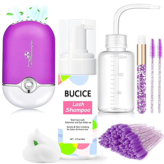 Lash Shampoo Kit - Eyelash Extension Cleaning Set with Lash Fan Dryer and Cleanser - Makeup Cleansing Foams for Lash Care and Aftercare, Purple