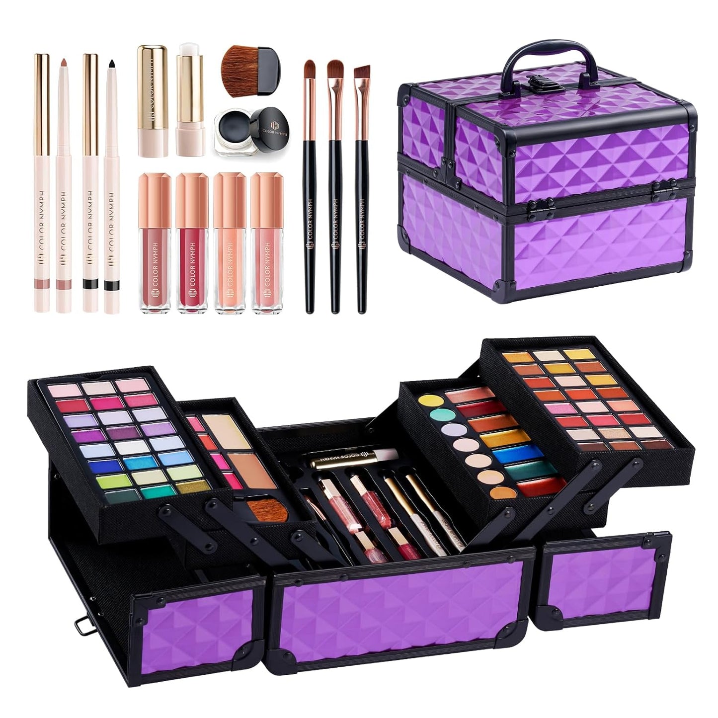 All in one Makeup Kit For Girls Teens, Makeup Set 4 Trays Spacious Space Train Case for Beginner with Eyeshadow Highlighter Lipgloss Blush Contour Concealer Brush Eyeliner Lipbalm