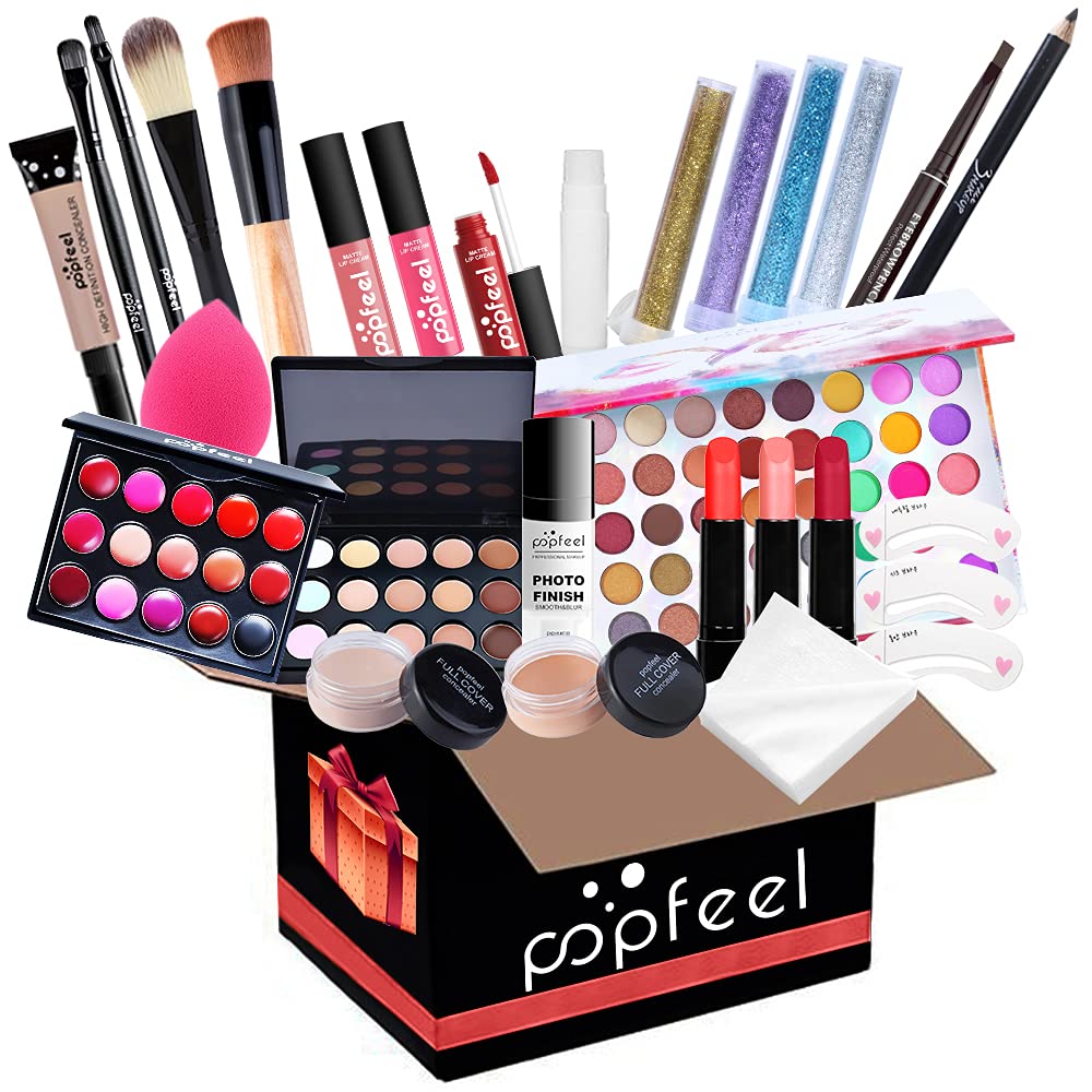 POPFEEL All In One Makeup Kit(Eyeshadow,Primer,Concealer,lipstick,lipgloss,Eyeliner,Eyebrow,Makeup brushe,Mascara &more) 27 pcs