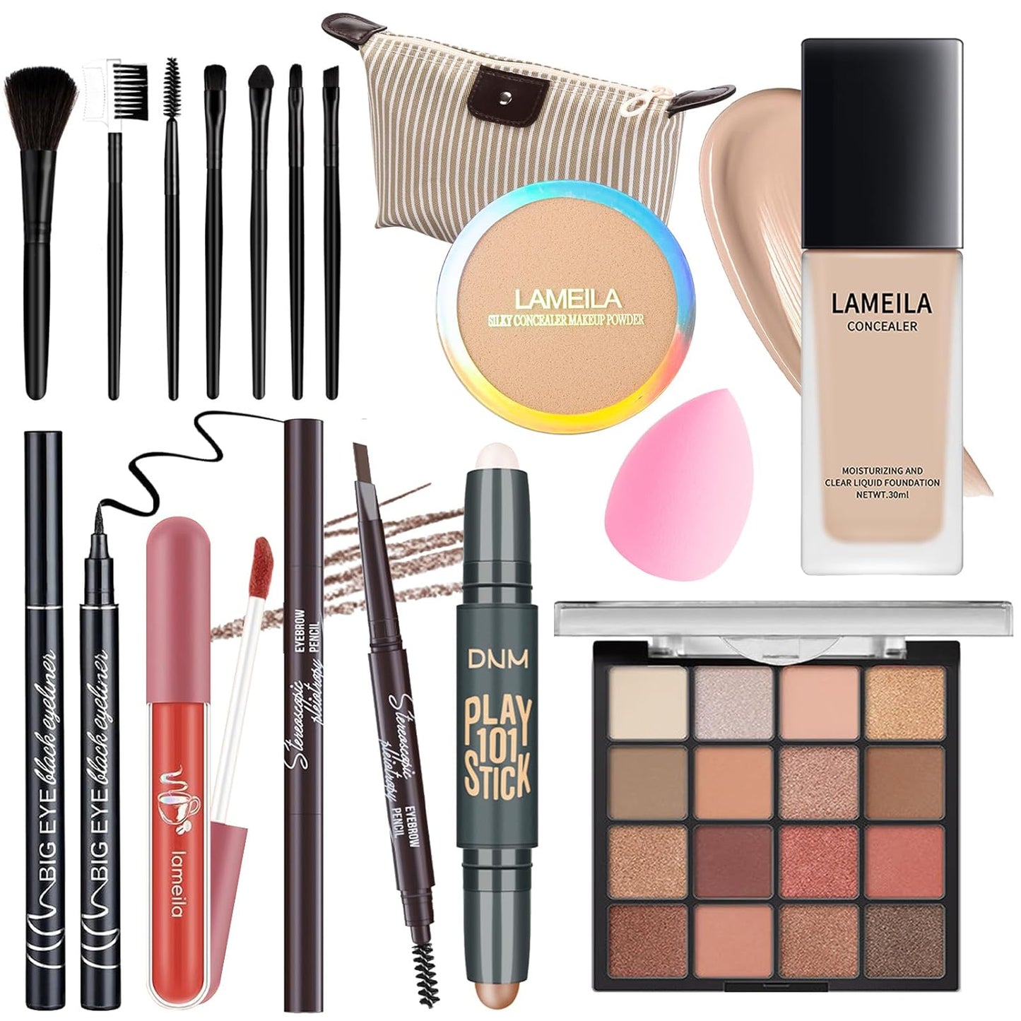 YBUETE All in One Makeup Set Full Kit for Girls Teens Women, Makeup Gift Set, Includes Eyeshadow, Foundation, counter stick, Powder, Eyebrow Pencil, Eyeliner, Brushes, Lip Gloss, Sponge, Cosmetic Bag