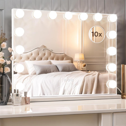 Vanity Mirror with Lights, Makeup Mirror with Lights, 15 LED Bulbs Hollywood Vanity Mirror with Detachable 10X Magnification Mirror 3 Color Lighting USB-Powered Touch Control, 22.8 x 18.1 Inch, White