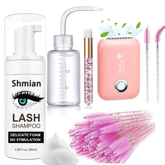 Lash Shampoo for Lash Extensions - Complete Lash Cleaning Kit with Eyelash Fan Dryer - Makeup Cleansing Foam for Lash Care
