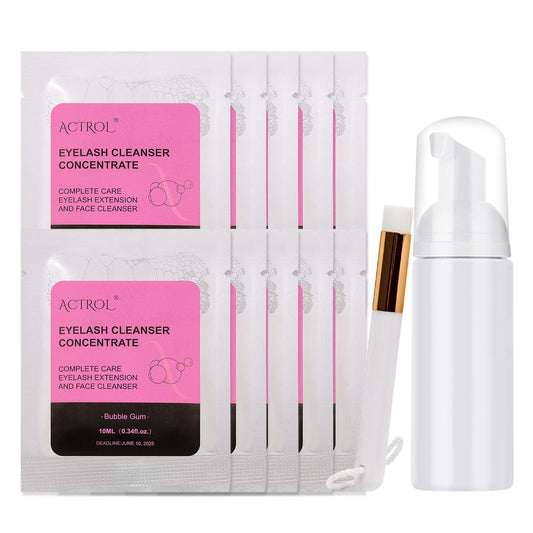 Lash Shampoo Concentrate 100ml Bubble Gum Eyelash Extension Shampoo 10 Bags 10ml Pack Natural Foaming Cleanser 60ml Bottled Cleansing Brush DIY Paraben and Sulfate Free Lashes & Salon Home Care
