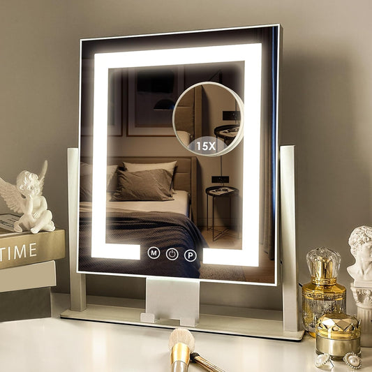 Makeup Mirror with Lights,Vanity Mirror with Lights,Tabletop Mirror with Detachable 15X Magnification 3 Color Modes and Smart Touch Control.Phone Holder, 360 Rotation,Metal Frame,White
