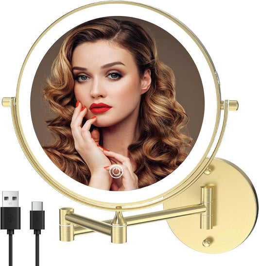 Rechargeable Wall Mounted Lighted Makeup Vanity Mirror 8 Inch Double Sided 1X 10X Magnifying Bathroom Mirror, 3 Color Lighting, Touch Screen Dimming, 360 Rotation Shaving Mirror Gold