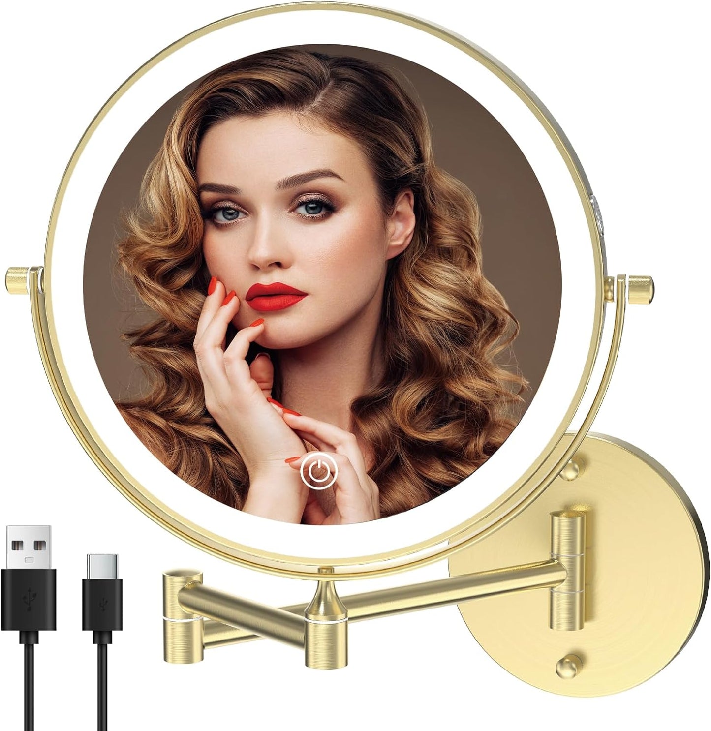 Rechargeable Wall Mounted Lighted Makeup Vanity Mirror 8 Inch Double Sided 1X 10X Magnifying Bathroom Mirror, 3 Color Lighting, Touch Screen Dimming, 360 Rotation Shaving Mirror Gold