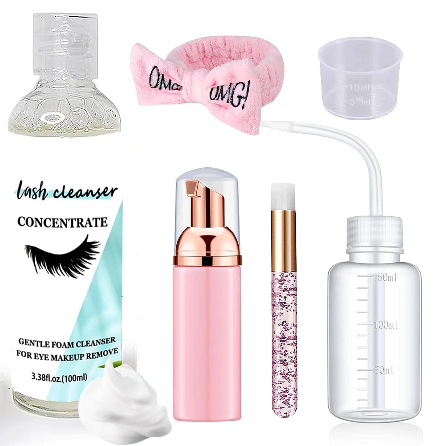 Lash Shampoo Concentrate Kits, 100ml Eyelash Cleanser Concentrate & Lash Cleaning Kit, Nature Foaming Cleanser Oil-Free Lash Foam Shampoo with Brushes and Hairband