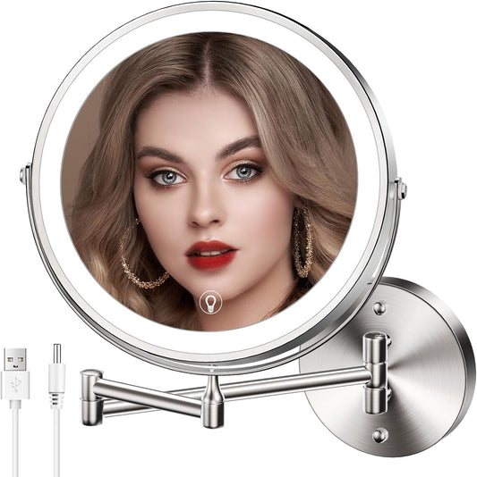 Wall Mounted Lighted Makeup Mirror, 8" Rechargeable Double-Sided Magnifying Mirror 1x/10x, 3 Color Led Vanity Mirror with Lights, Touch Dimmable 360° Rotation Foldable Light up Mirror-Nickel