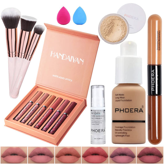 PHOERA Foundation Makeup Set,Matte Lipstick Set, PHOERA Primer, PHOERA Powder, PHOERA Highlighter and Contour, PHOERA Concealer, Foundation Brush Makeup Powder Brush Concealers Brush, Makeup Sponge