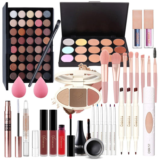 Pure Vie All-in-One Holiday Gift Surprise Makeup Set Essential Starter Bundle Include Eyeshadow Palette Lipstick Concealer Blush Mascara Eyeliner Face Powder Lipgloss Brush - Full Makeup Kit for Women