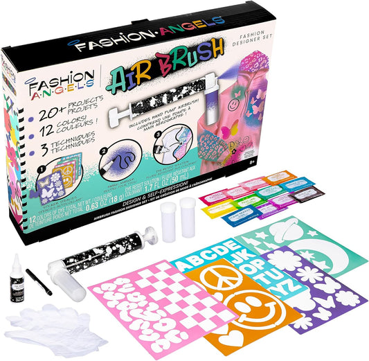 Fashion Angels Airbrush Fashion Design Set - Includes Airbrush Tool, Fill Containers, Tie Dye Powder Bags and Stencils - Accessorize T-Shirts, Hoodies & More - Makes 20+ Projects