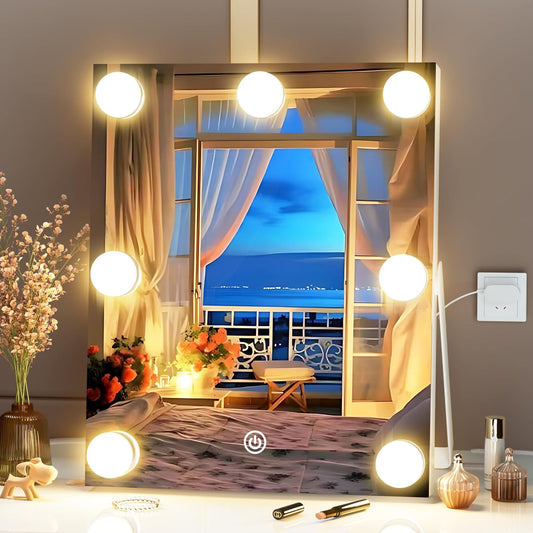 Hasipu Vanity Mirror with Lights, 10" x 12" Hollywood Mirror, Makeup Mirror with 7 Dimmable Bulbs, Smart Touch 3 Colors Dimmable, 360° Rotation, White