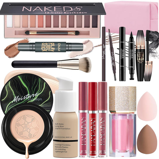 YBUETE Makeup Set Kit For Women Girls Teens, All-in-one Makeup Gift Set, Foundation CC Cream, Eyeshadow Eyeliner brow Pencil Mascara, Counter Stick Liquid Blusher Lipsticks, Makeup Brush Sponges & Bag