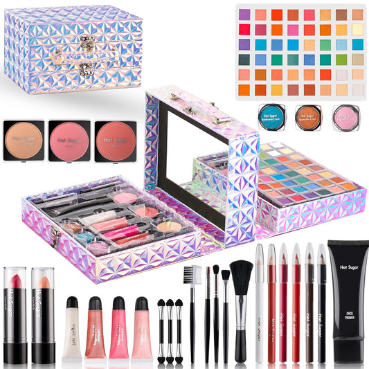 Hot Sugar Makeup Kit for Preteen Girls 10-12, Birthday Christmas Makeup Gift Set for Teens 16-18, All in One Beginner Makeup Kit for Women Full Kit Includes Real Cosmetics and Makeup Tools (SILVER)